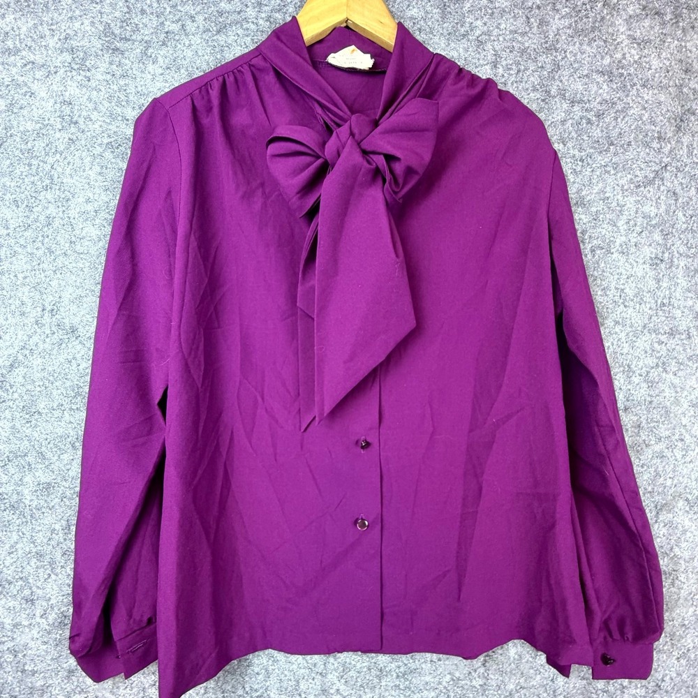 Vintage Lee Mar Pageant Secretary Blouse Womens 16 Purple Bow Tie Neck Office